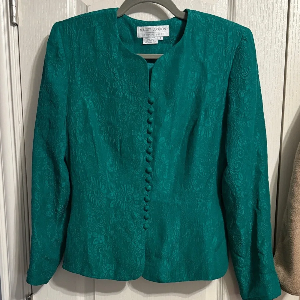Vintage Maggy London Teal 100% Silk Brocade 2Pc Skirt Suit Set Blazer Deadstock